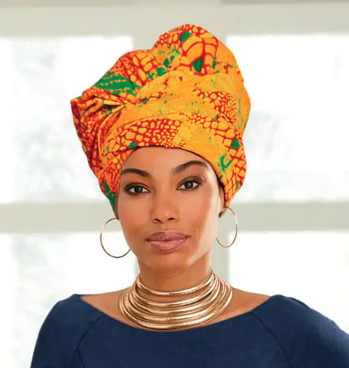 Black model wearing an ankara headwrap