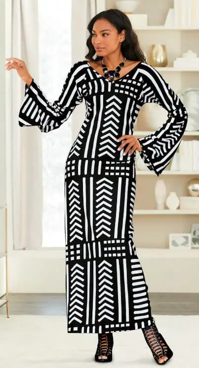 Black model wearing mudcloth dress 