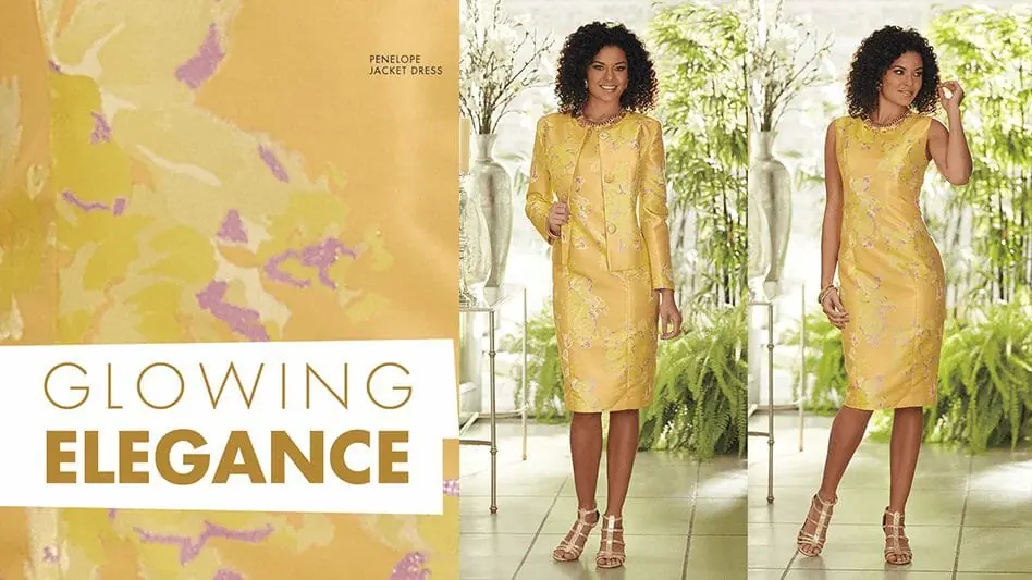Glowing Elegance-A black woman in a gold floral print jacket dress.