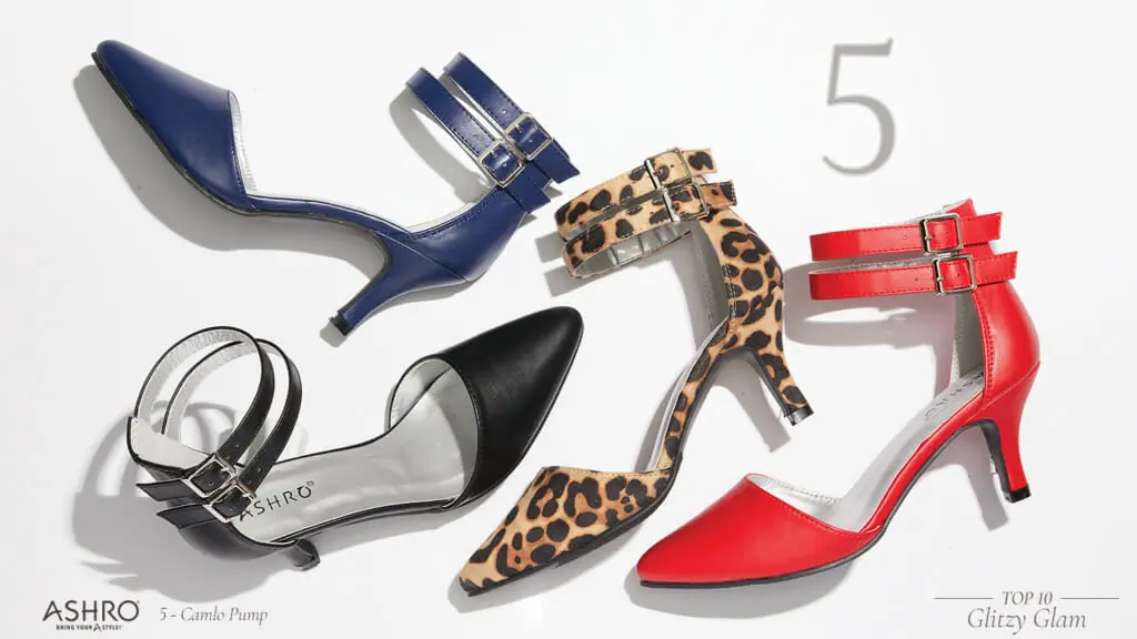 Blue, black, leopard print, and red 2-buckle ankle strap pumps, open on the sides.