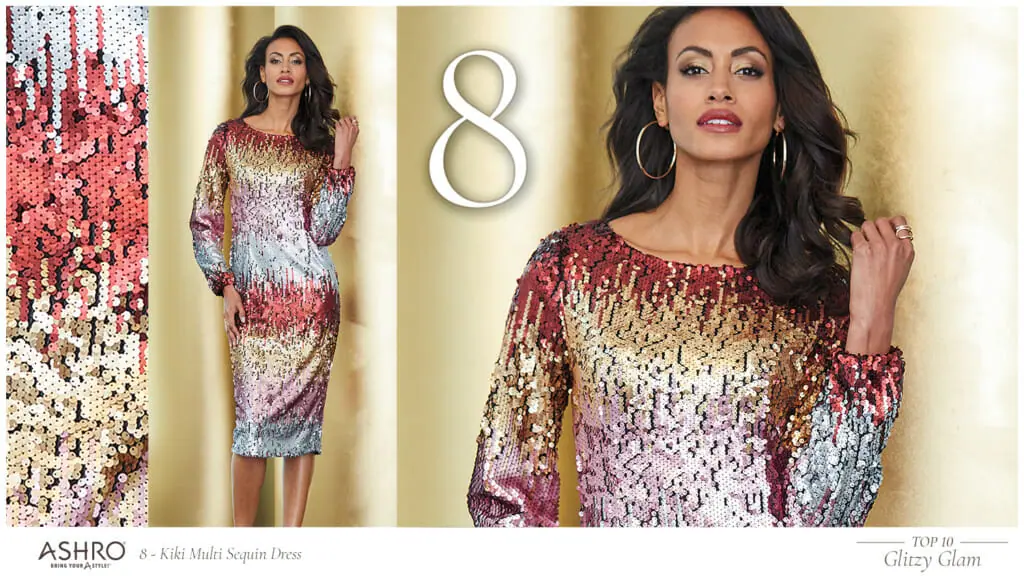 Two views of an African-American woman wearing a fitted multi-color sequin dress.
