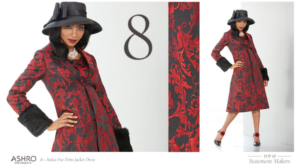 Two views of a black woman wearing a big black hat and a red and black jacquard fur-trim jacket dress.