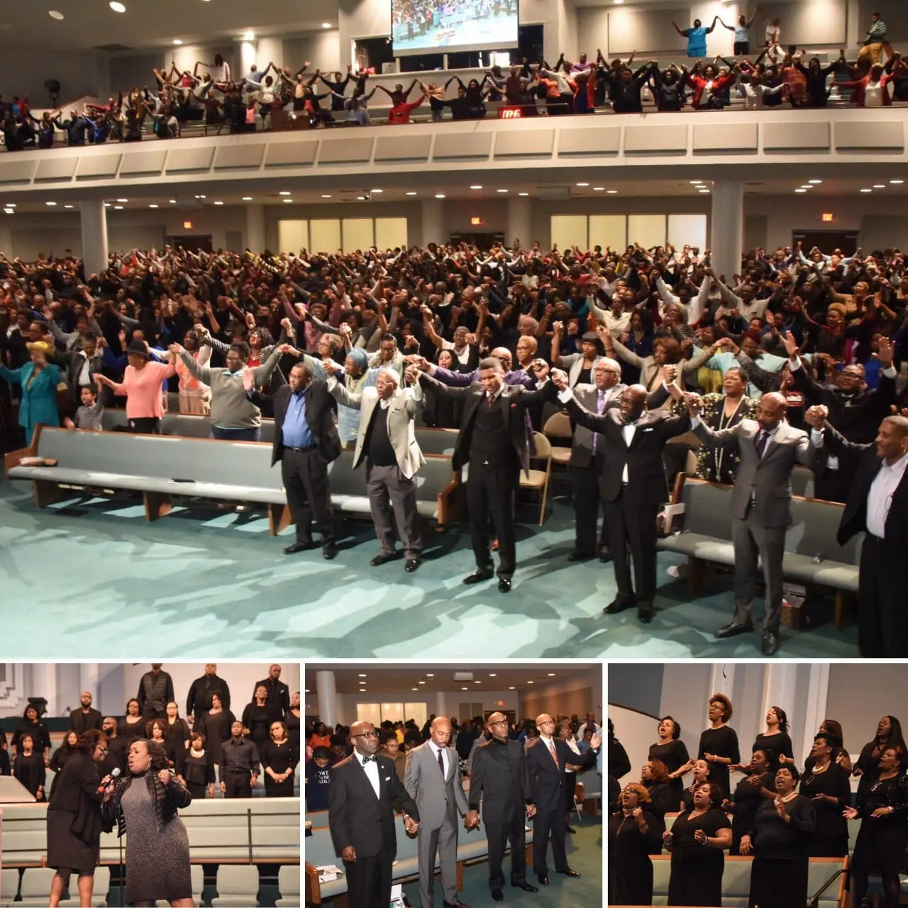 African-Americans holding hands with arms in the air at church, a black woman speaking, black women singing.