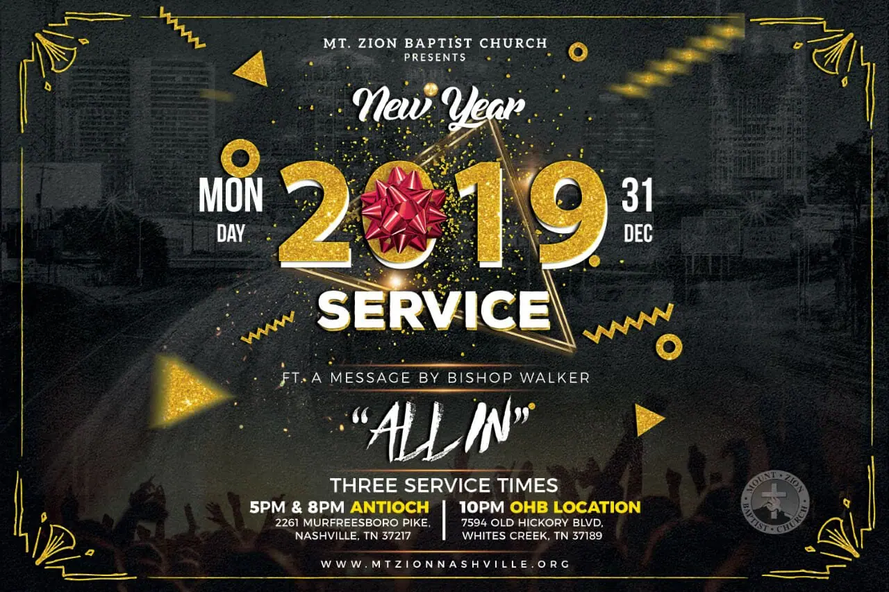 'New Year 2019-All In'-city and people with hands in the air.