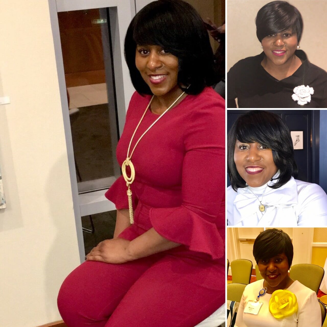 A smiling African-American woman in a red pant set, in a black top, in a white top, and in a gold V-neck top.