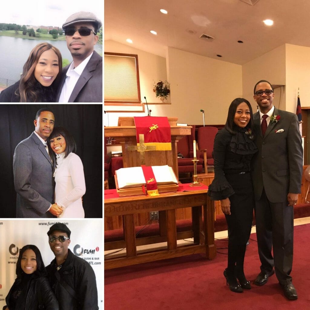 An African-American couple dressed up, posing at four different events.