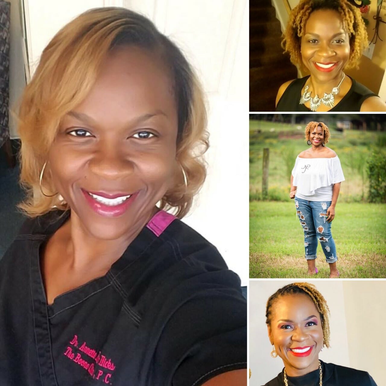 A black woman with blonde hair wearing a black and pink shirt, a white blouse with ripped jeans, and a black top.