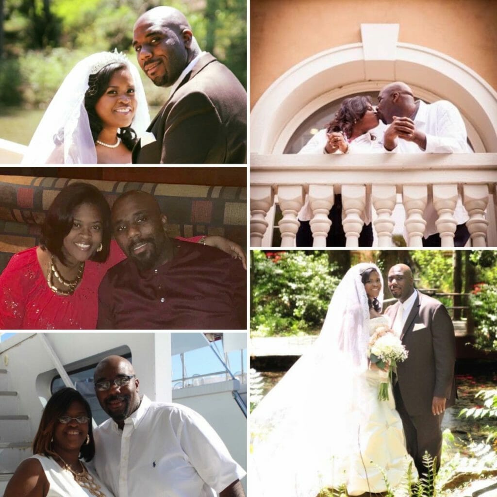 A black couple getting married, sitting together, and on a boat.