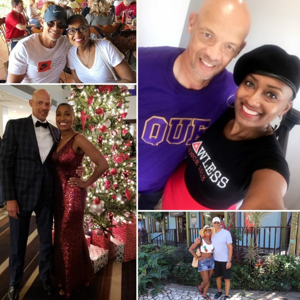 A black couple sitting together, at a Christmas party, and in front of a building in summer.
