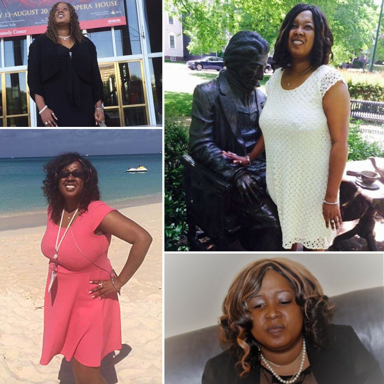 A black woman with long, curly auburn hair, in a pink dress on a beach, and in a white dress with a sitting man statue.
