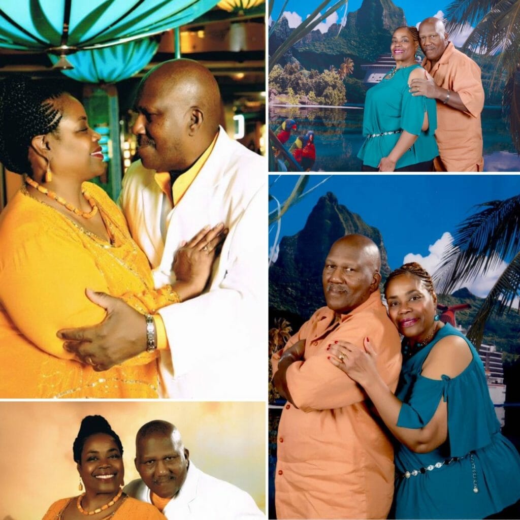 A black couple gazing at each other, in front of a Paradise backdrop, and smiling for the camera.