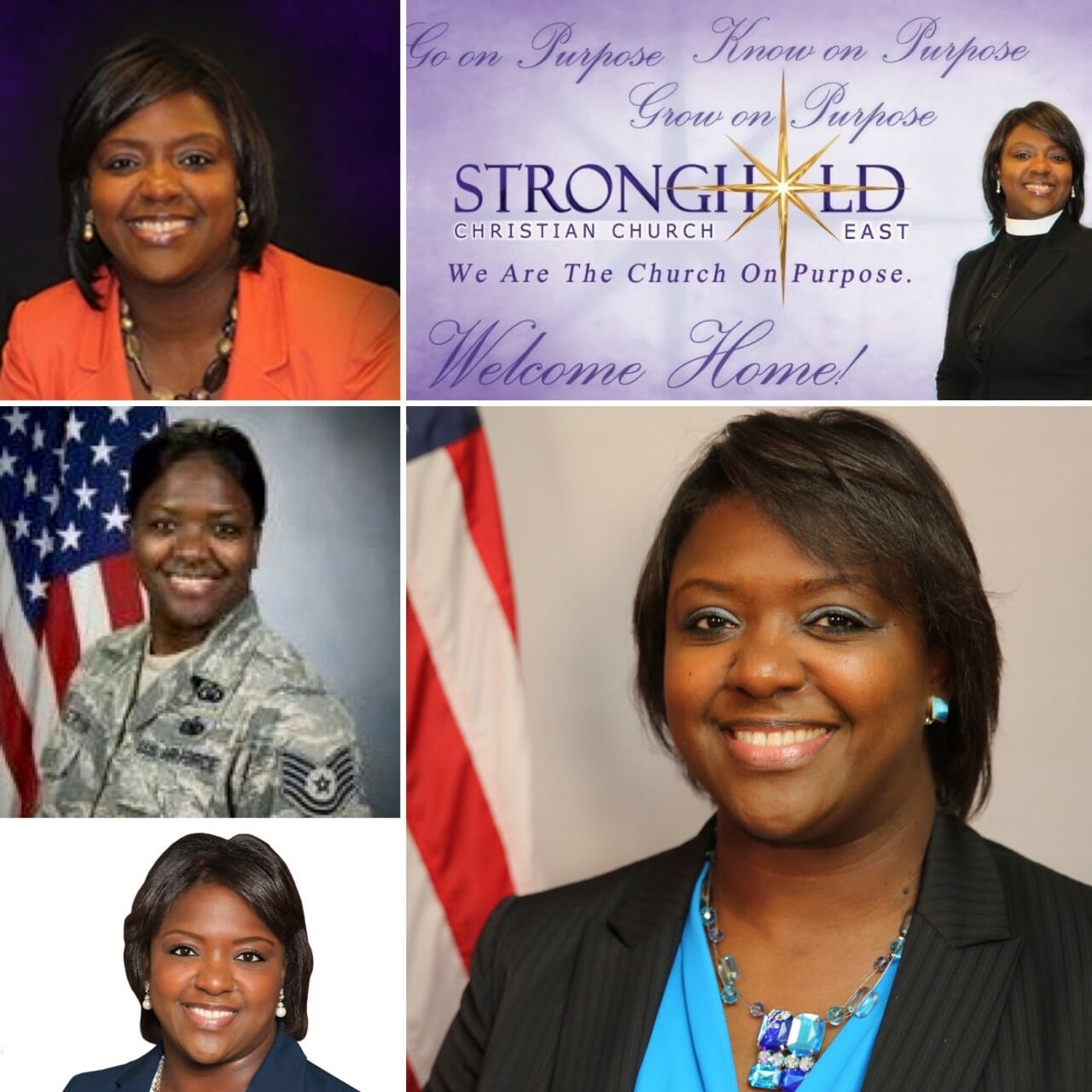 A black woman in an orange jacket, with a church billboard, in military attire, and with a flag in the background.