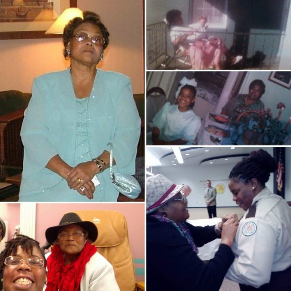 A black woman in a light blue dress and at different events with her daughter.