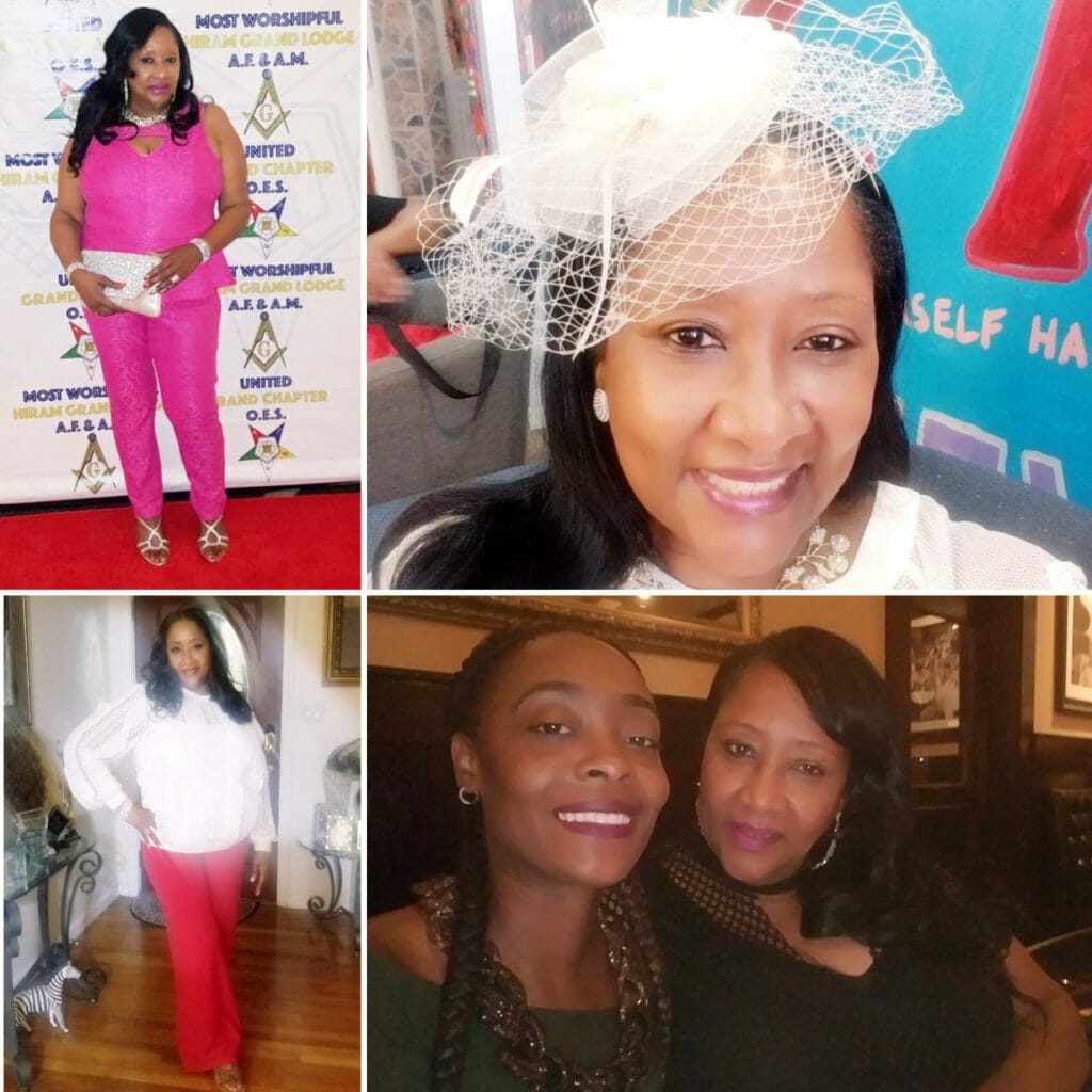 Black women: one in pink pantsuit, one in white hat, one in white blouse and red pants, and two women together.