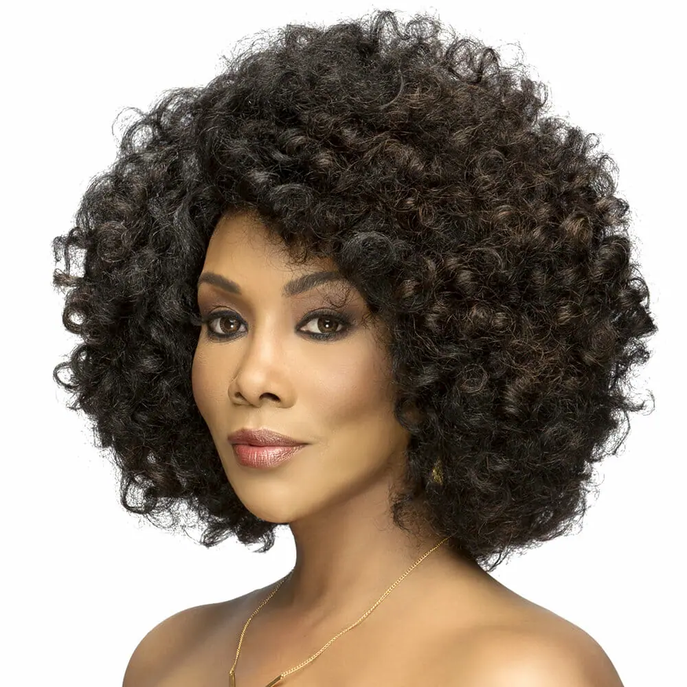 Vivica A. Fox wearing a full, curly Afro-styled dark brown Vivica Fox wig.