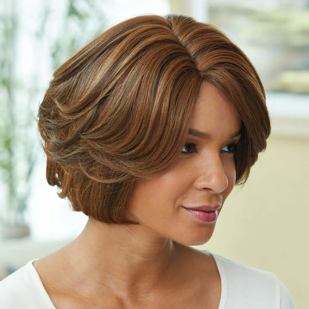 A woman in a white top wearing a chin-length, light brown wig by Vivica Fox.