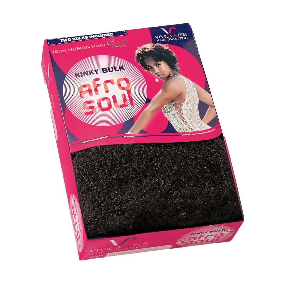 A pink printed Afra Soul box of bulk curly human hair.