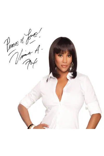 The designer Vivica Fox, a black woman wearing a white fitted shirt and smooth, shoulder-length hair with bangs.
