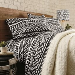 Mudcloth Printed Sheet Set on wooden bedframe
