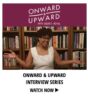 A smiling woman in a white dress gestures with open arms, surrounded by bookshelves, promoting an interview series.