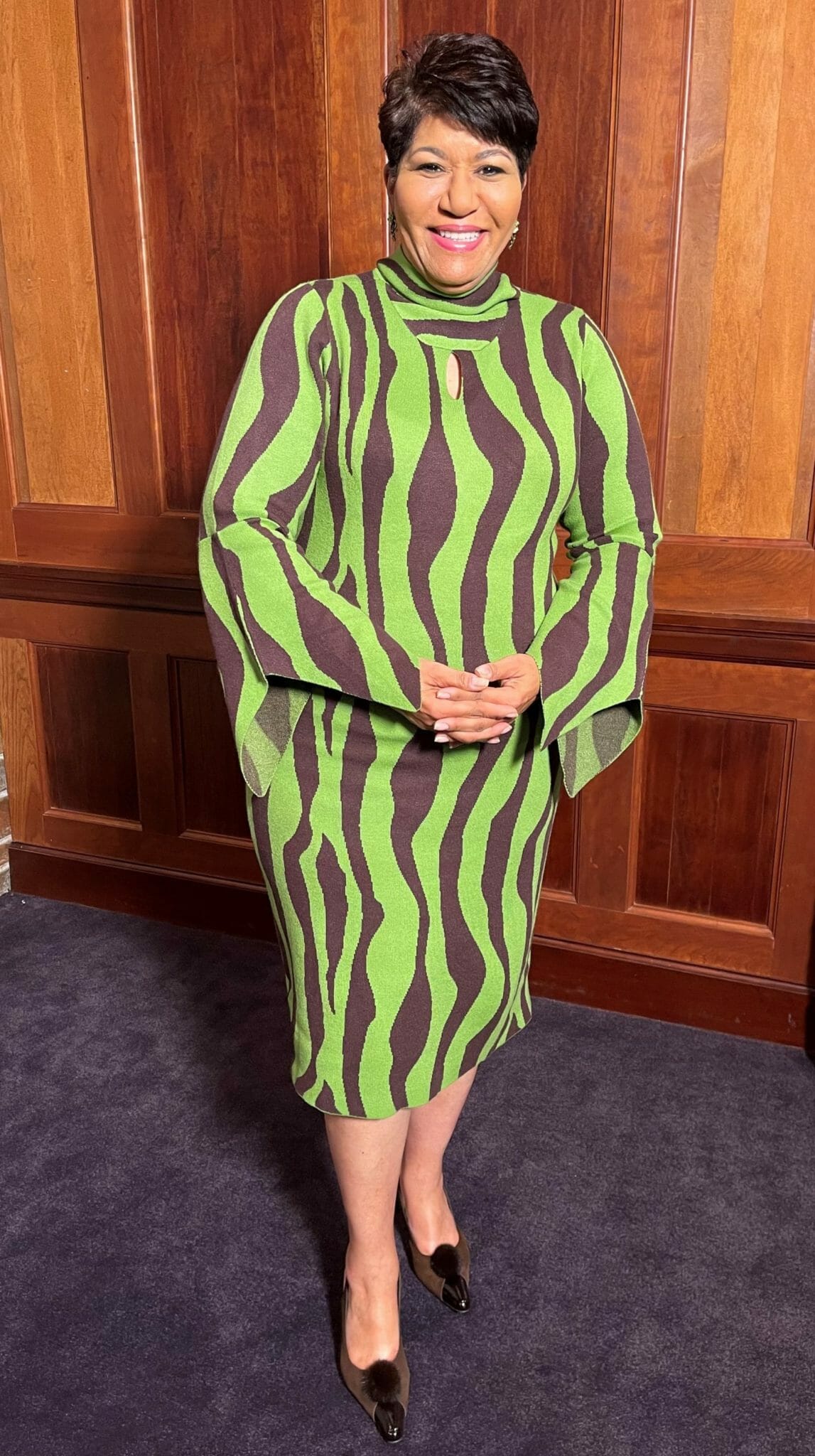 Ashro customer wearing a green and brown stripped dress