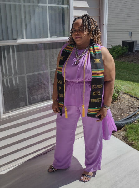 woman in a purple outfit