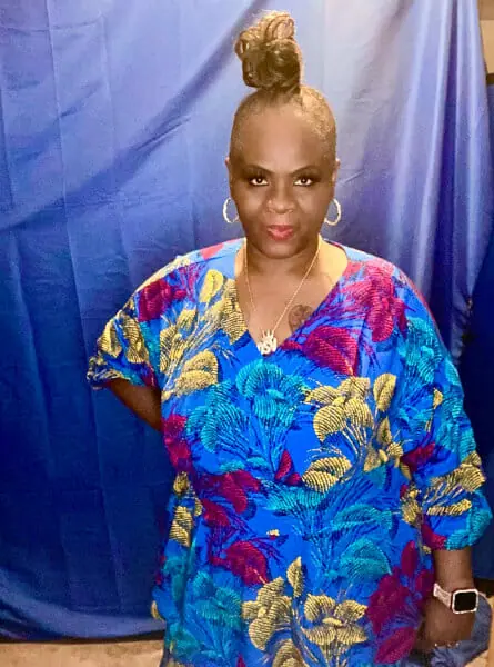 woman in a floral top