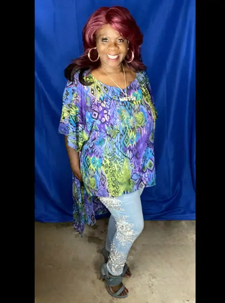 woman in a multi-color top