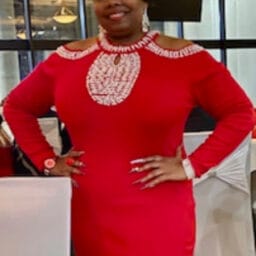 woman in a red dress