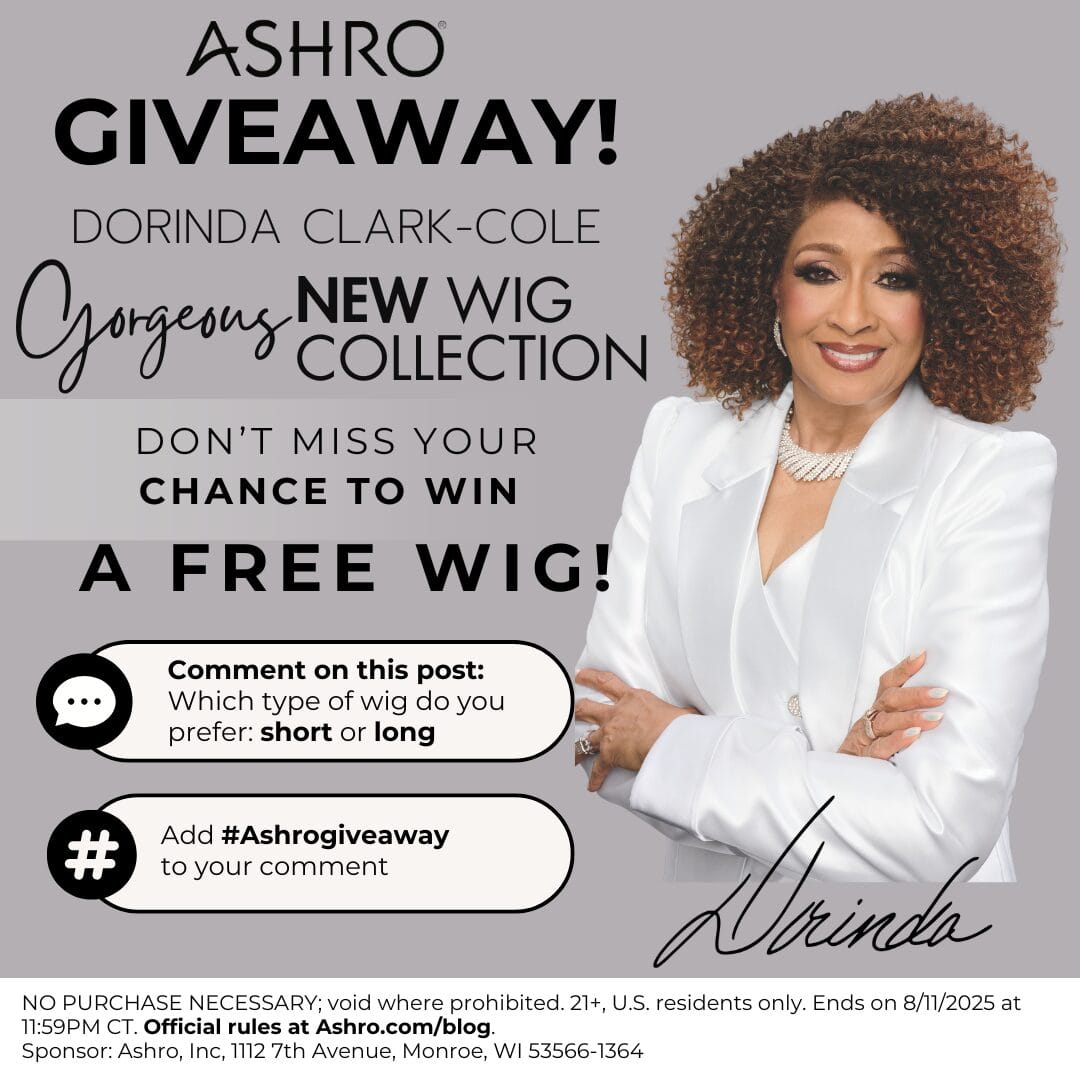 Dorinda Clark-Cole promotes a wig giveaway, showcasing her curly hairstyle and inviting comments on preferred wig styles.