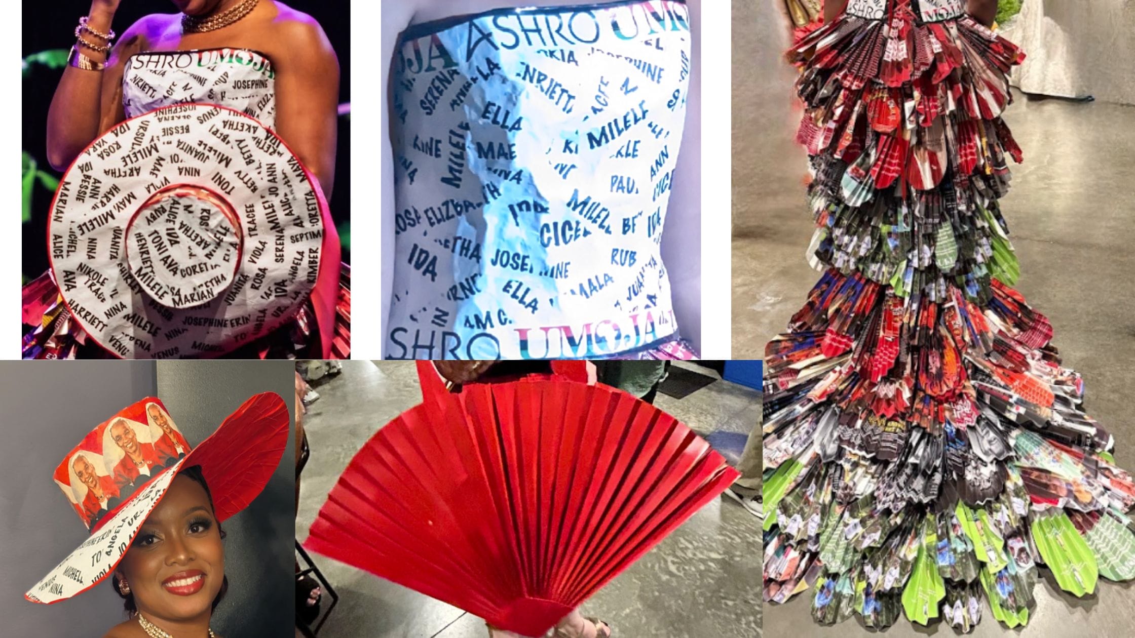 Colorful fashion designs featuring unique hats, dresses made from printed materials, and a striking red fan accessory.