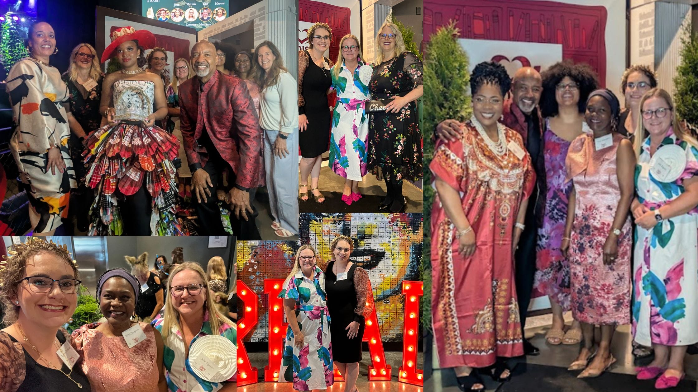 A vibrant gathering of diverse individuals in colorful attire, celebrating with smiles and artistic backdrops.