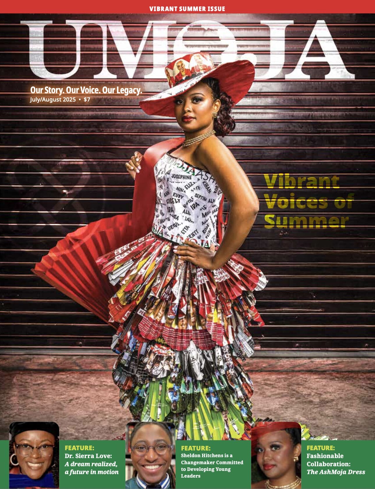 A woman poses confidently in a vibrant, magazine-covered dress and hat against a textured backdrop, showcasing bold summer fashion.