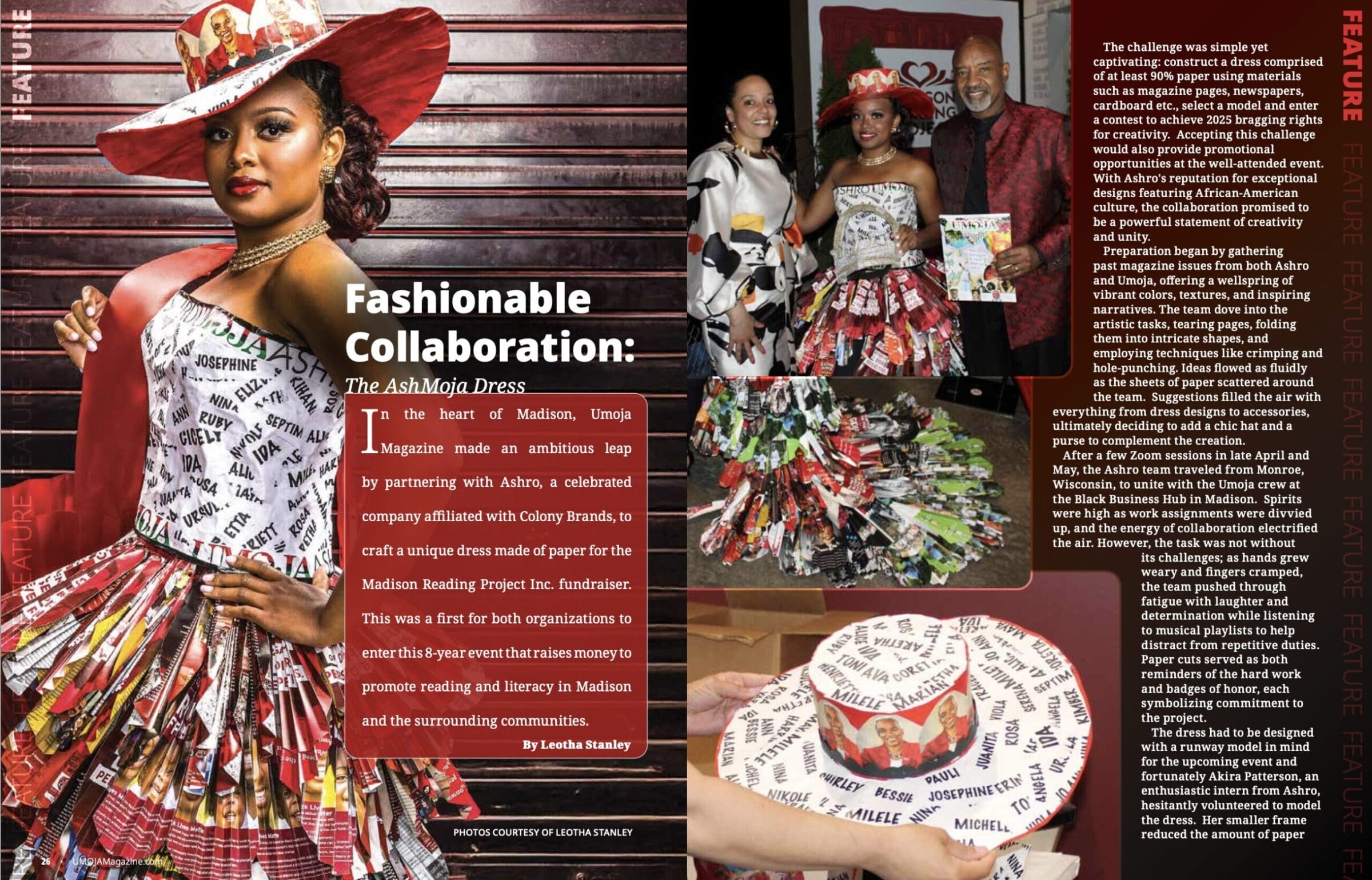 A model showcases a vibrant dress made of magazine pages, adorned with a matching hat, in a creative collaboration setting.