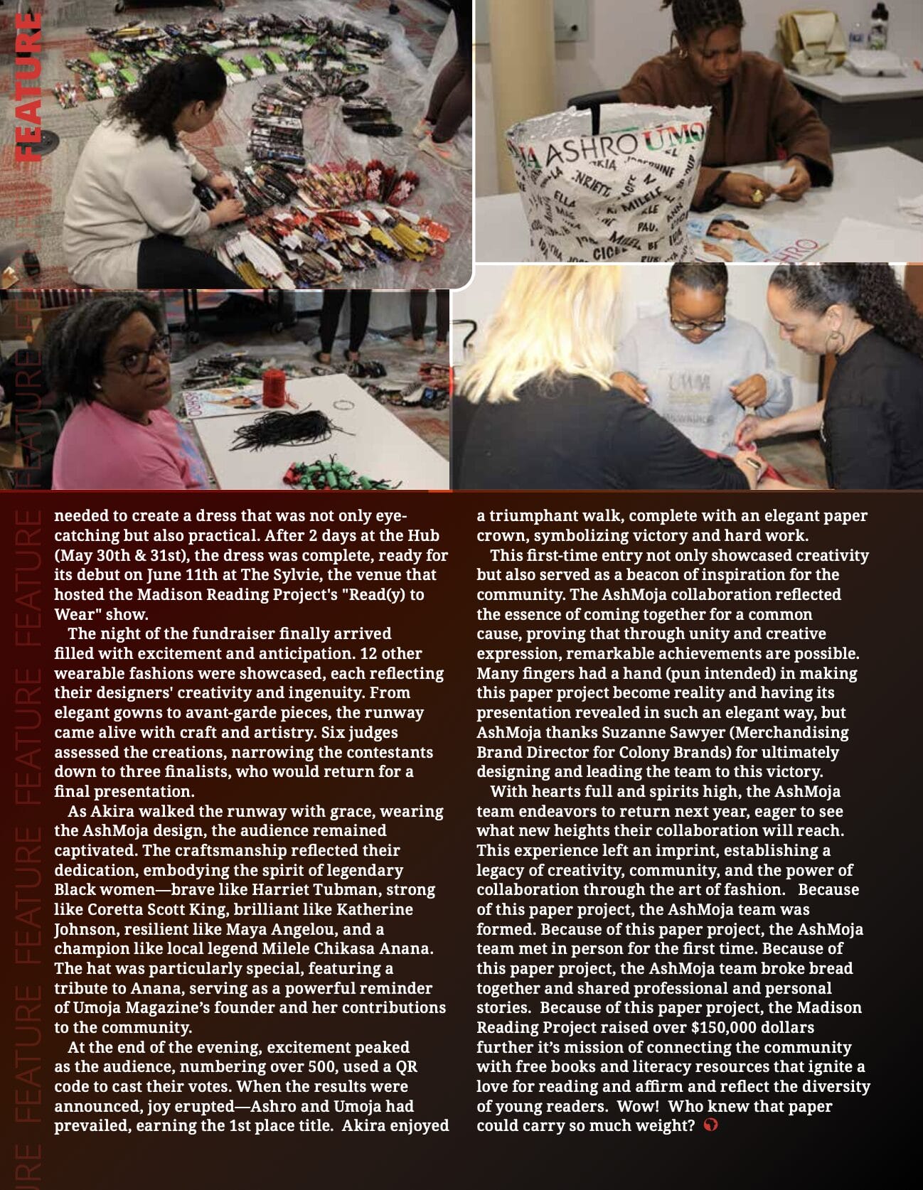 Participants create a vibrant, paper-based dress for a fashion show, showcasing creativity and community collaboration.