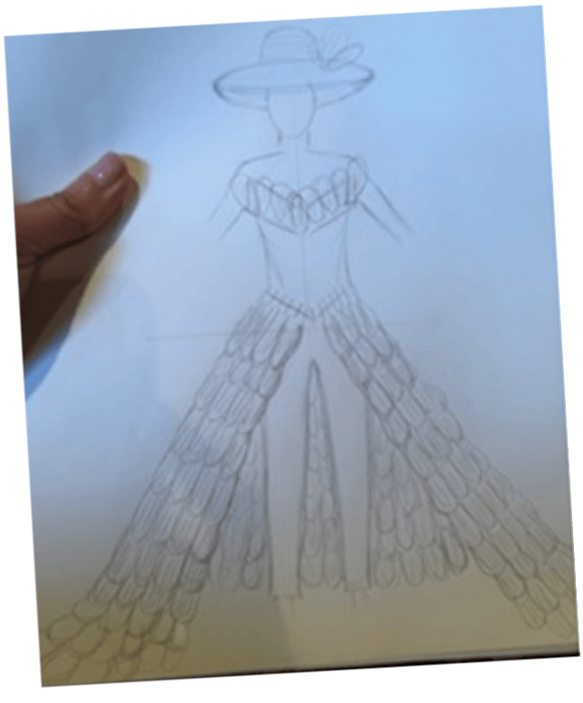 Fashion sketch featuring a gown with a scalloped design and a wide-brimmed hat adorned with a flower.