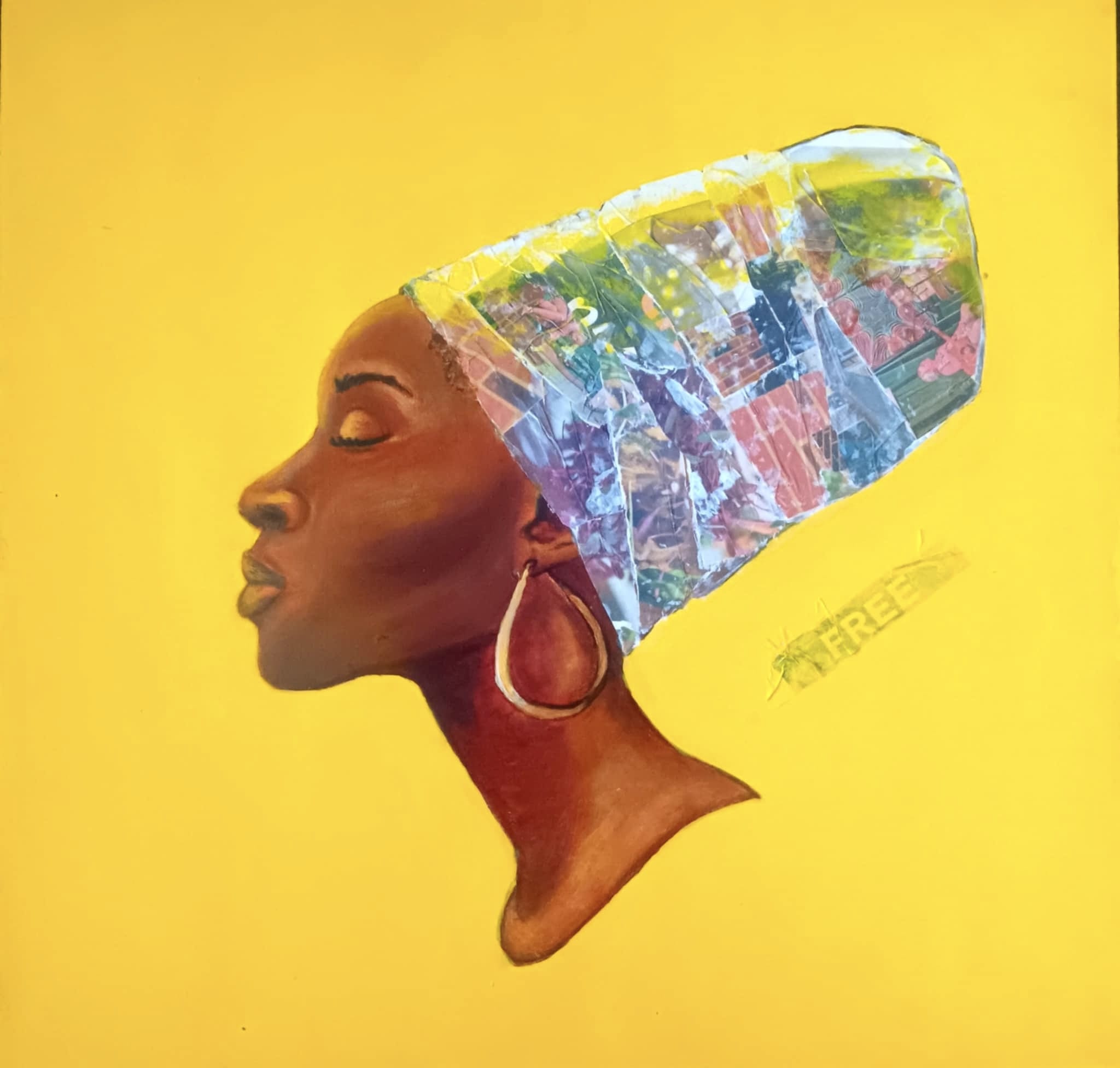 A profile of a woman with a colorful plastic head wrap against a bright yellow background, exuding serenity and strength.