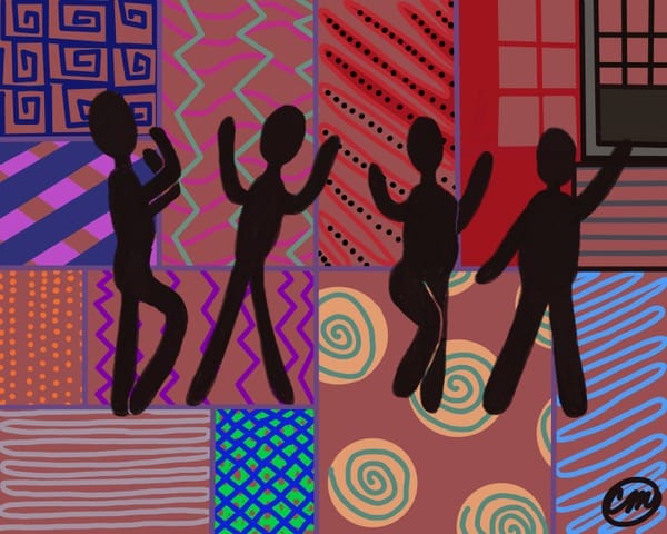 Four silhouetted figures dance against a vibrant, patterned background of swirls, stripes, and geometric designs.