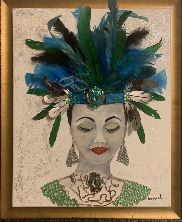 A stylized portrait of a woman adorned with colorful feathers, sparkling jewelry, and vibrant makeup, exuding elegance.