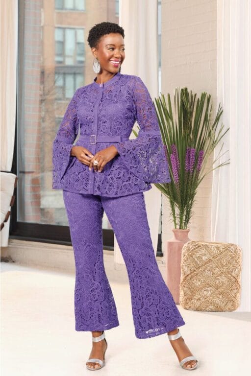 black model wearing purple lacy pant set