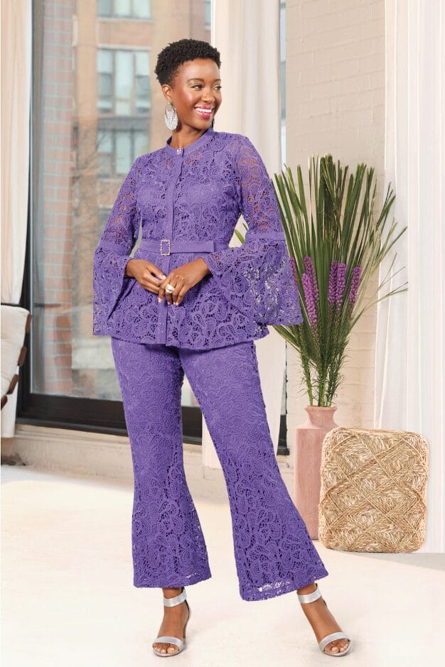 black model wearing purple lacy pant set