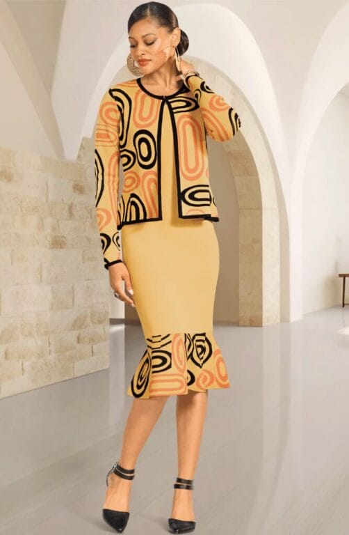 black model wearing yellow knit jacket and dress with black detailing.