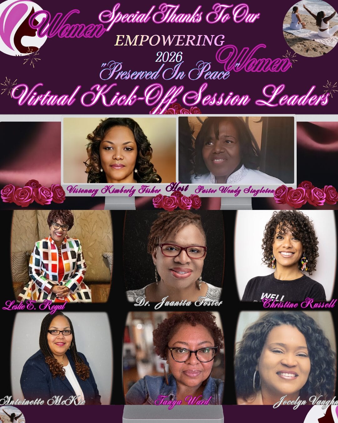Collage of women leaders for the 2026 Empowering Women virtual kickoff, featuring individual portraits and event details.