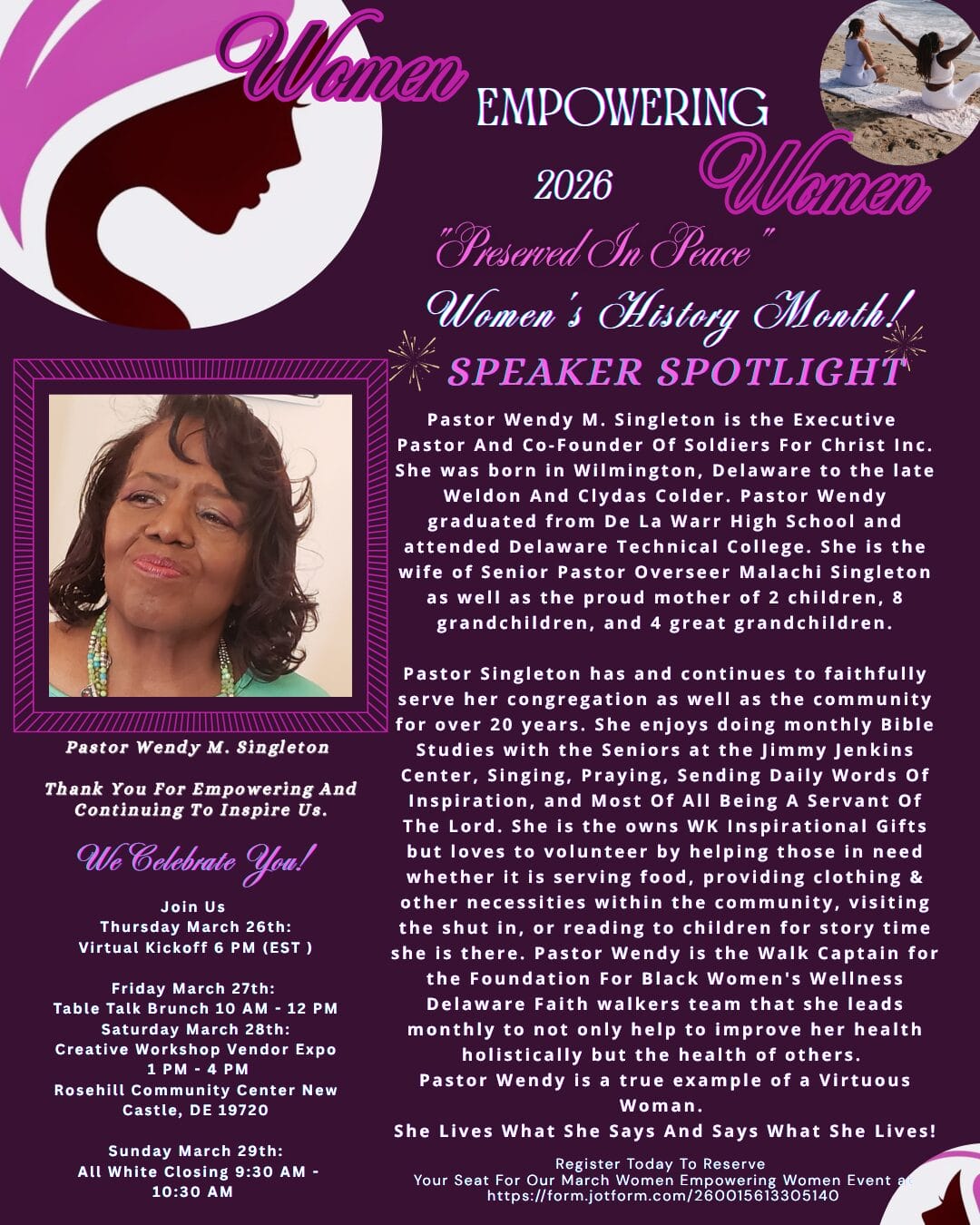 Pastor Wendy M. Singleton, featured speaker for Women's History Month, promoting empowerment and community service initiatives.