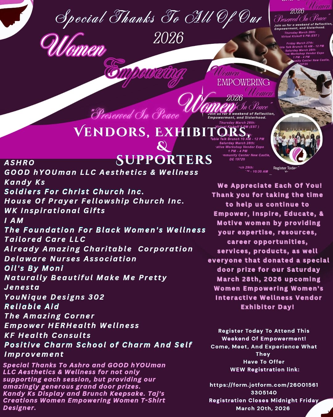 Event flyer for the 2026 Women Empowering Women conference, listing vendors, supporters, and registration details.