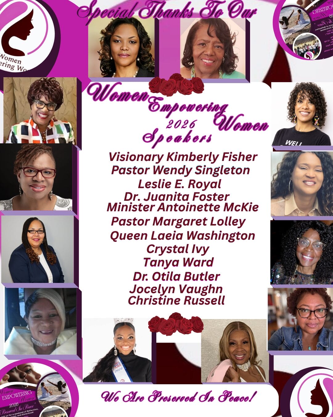 Collage of women speakers for the 2026 Women Empowering Women event, featuring names and photos with a floral design.