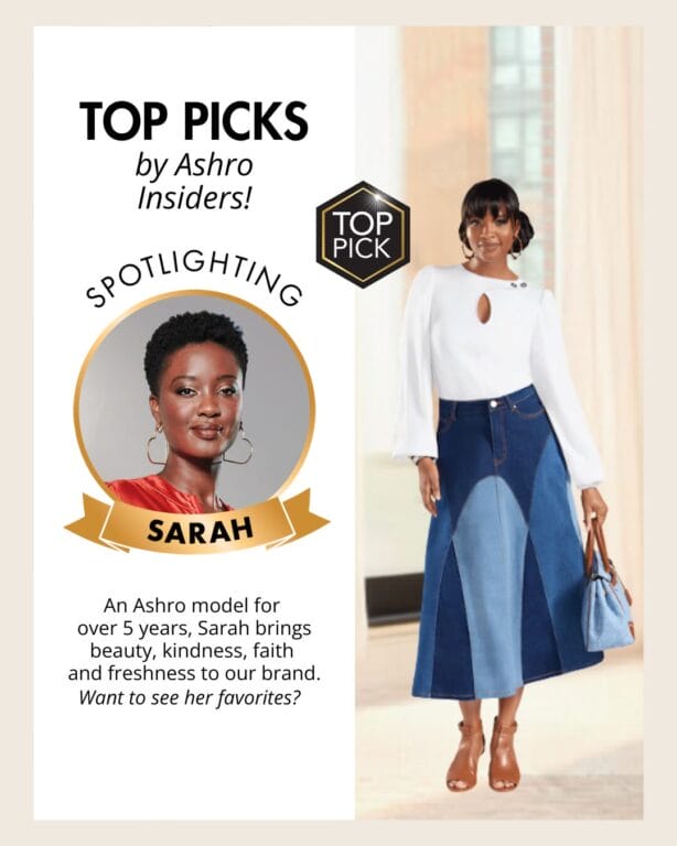 Sarah's Top Picks. Black Women standing in white top and jean skirt.