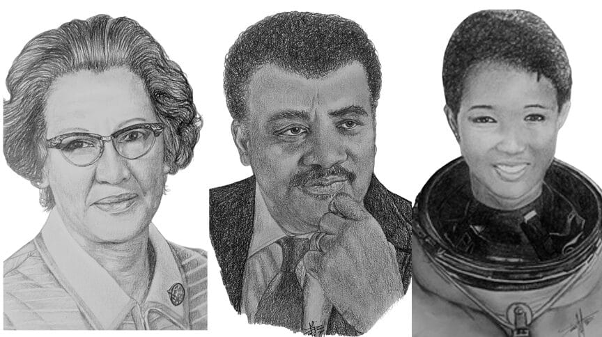 Sketches that were hand drawn by artist, Desere Mayo. They showcase illustrations on Katherine Johnson, Mae Jemison, and Neil deGrasse Tyson.