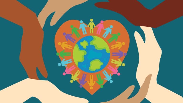 Illustration of diverse hands surrounding a heart-shaped symbol containing the Earth, with colorful figures holding hands around the globe. The image represents community care, unity, compassion, and people from different backgrounds coming together to support one another.