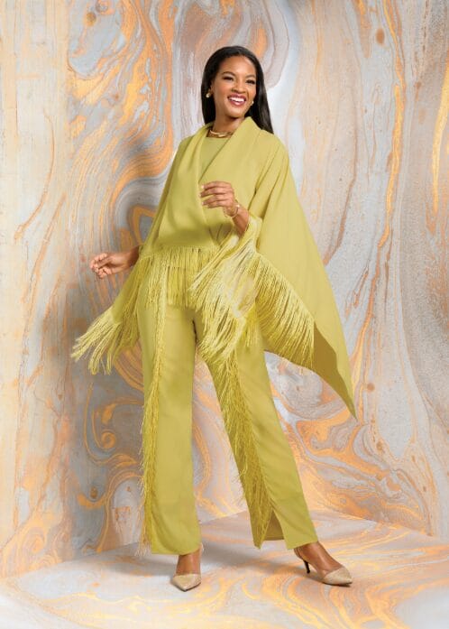 Model showcasing a stylish fringe outfit set with coordinating pieces and eye-catching fringe accents.